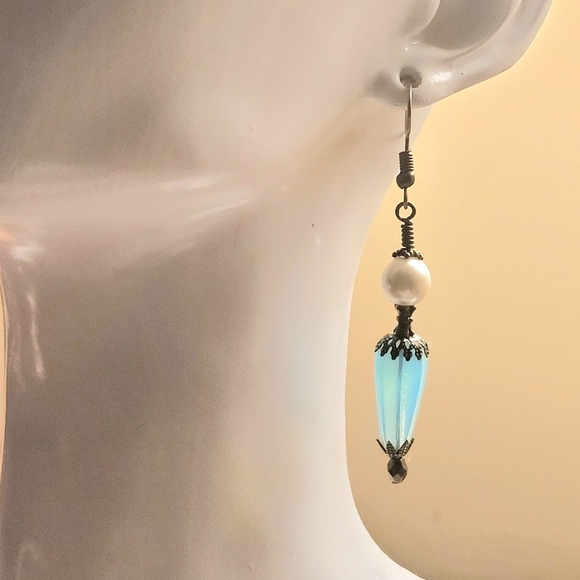 Romantic Victorian Pearl Earrings with an Opalescent Blue Teardrop - Picture 1 of 4